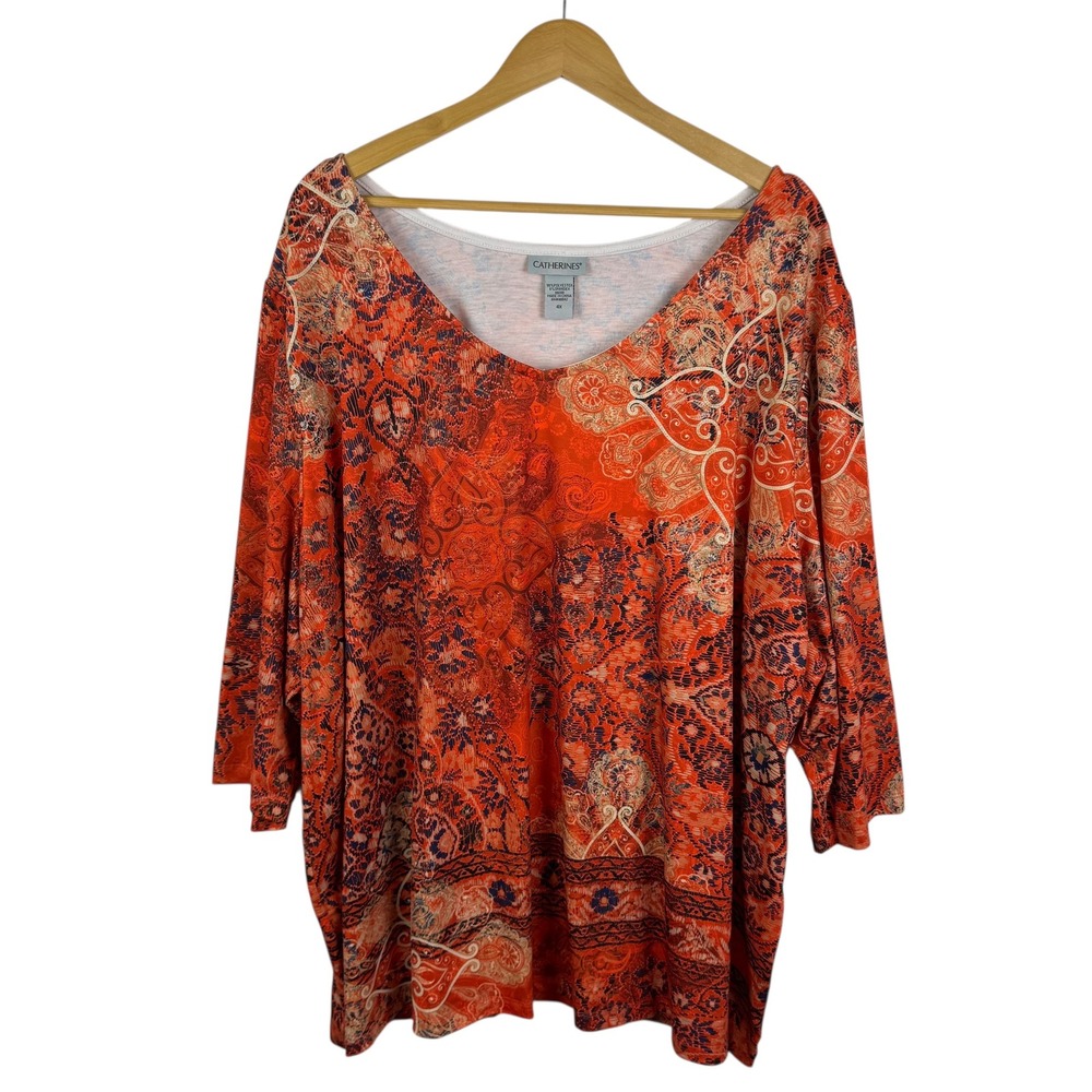 Catherines Orange Paisley V-Neck Women's Top